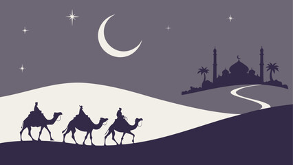 Silhouette of camels traveling to the mosque at night