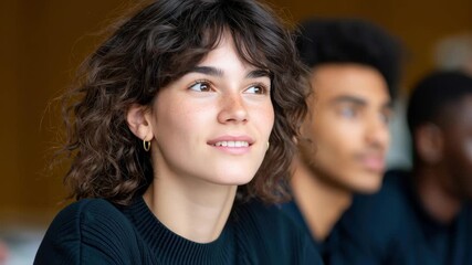 Smiling girl young latin woman female student classroom with curly hair and hoop earring warm light hopeful mood learning focus candid portrait soft background thoughtful gaze natural curls calm - Powered by Adobe