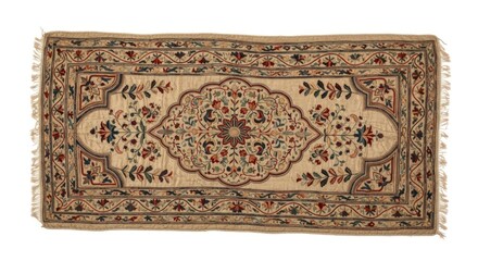 Vibrant oriental rug with intricate floral patterns on a beige background.