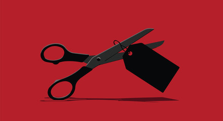 A conceptual illustration of black scissors ready to cut a blank price tag against a bold red background, representing cost reduction and sales
