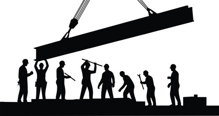 Construction workers guiding a large steel beam being lifted by a crane into place