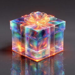 Glowing colorful transparent gift box with ribbon and bow