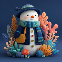 Snowman with blue hat and scarf surrounded by colorful plants cozy