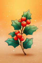 Holly branch with red berries and green leaves on orange background