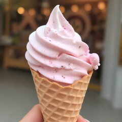 Pink Soft Serve Ice Cream Cone Held Outdoors with Blurred Background