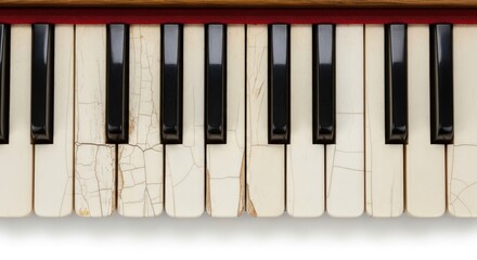 Fototapeta premium Close-up of old piano keys with cracked ivory surfaces on a white background
