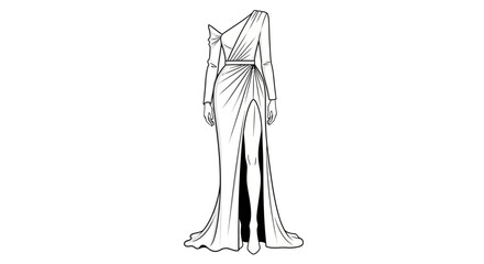 Elegant high slit gown rendering, emphasizing draping and one-shoulder design drawing, fashion