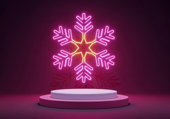 Illuminated neon snowflake displayed on a pedestal isolated on white background