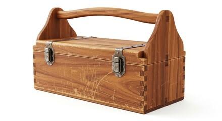 Wooden toolbox with metal latches and handle on a white background