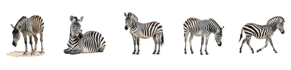 Collection of Zebra grooming A zebra uses its teeth or paws to clean its fur or face. full length isolate on transparent background