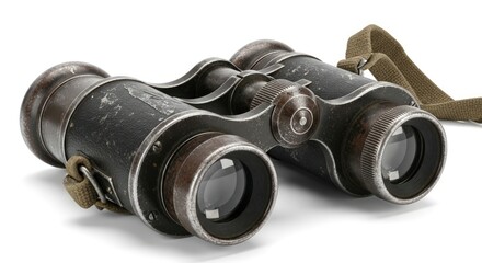 Vintage binoculars with worn leather strap on a white background