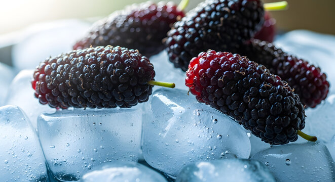 Fresh ripe mulberries on ice cubes ready to eat.