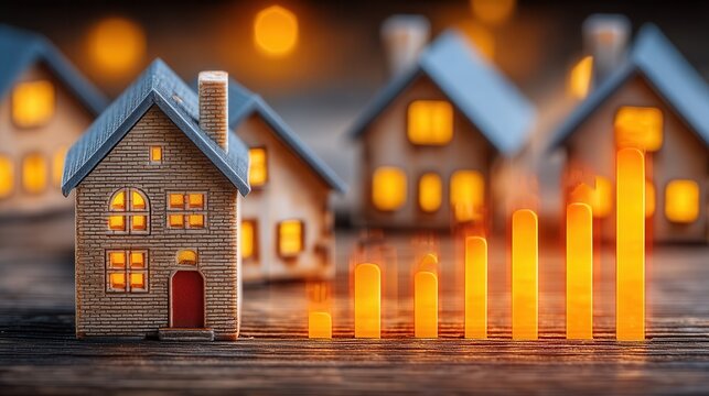 Real estate market soaring high with glowing home models and rising bar graphs depicting financial growth in the housing sector, inspiring confidence - Powered by Adobe