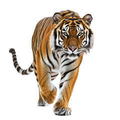 Fototapeta premium Tiger walking A tiger strides forward with powerful, fluid movements and tail swaying. full length isolate on transparent background