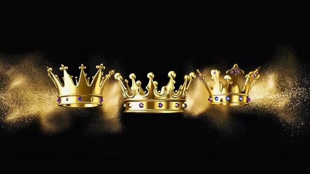 Three gold crowns on a black background. The concept of the Three Kings day	
