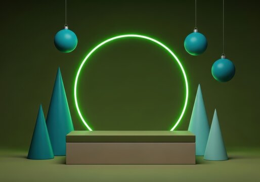 Festive green neon ring illuminates christmas ornaments and cones on a pedestal isolated on white background