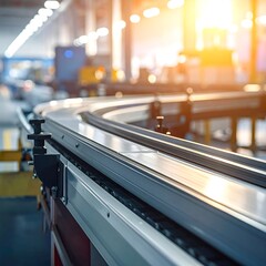 Modern factory conveyor belt curves with blurred machinery background