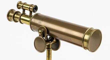 Close-up of an antique brass telescope on a stand against a white background