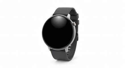 Modern smart watch with black screen isolated on white background, showcasing sleek design and advanced technology