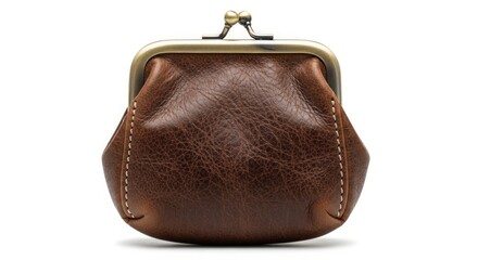 Brown leather purse with gold clasp on white background