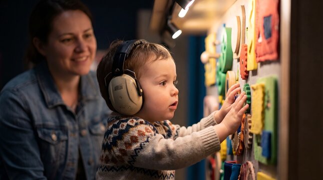 A curious toddler explores a colorful interactive wall with their mother looking on in support