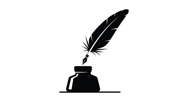 Feather quill pen in inkwell black and white vector illustration silhouette