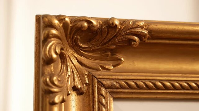 Closeup of an ornate golden picture frame corner with intricate carvings.