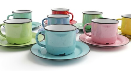 Colorful enamel coffee cups and saucers arranged on a white background
