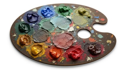 Close-up of a worn, oval-shaped painter's palette with colorful paint blobs on a white