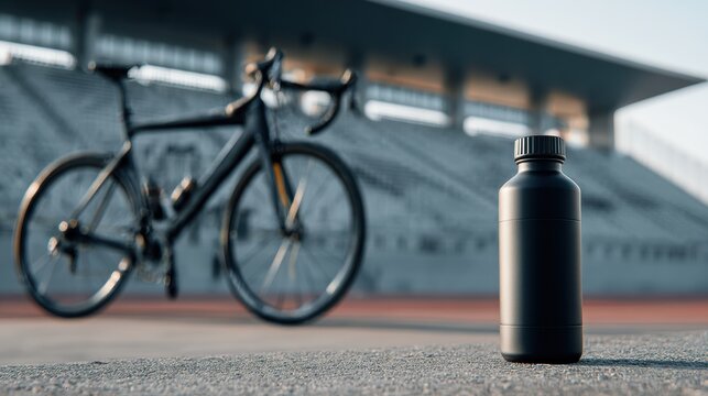 Cycling Endurance Drink on Podium Before Race at Outdoor Track in Bright Morning Light With Blurred Bicycle Background - Powered by Adobe