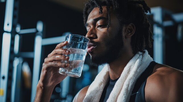 A person drinking a glass of water after a workout, with a gym background and towel around their neck.