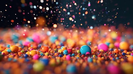 Vibrant multicolored spheres scattered creating a festive abstract background with bokeh.