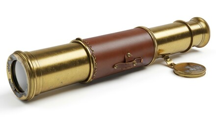 Brass and brown leather telescope with a key on a white background