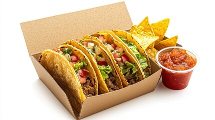 A set of vibrant tacos and a side of chips in a takeout box, with a small salsa cup on the side.