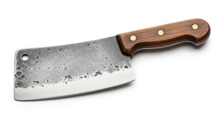 A butcher's knife with a wooden handle on a white background.