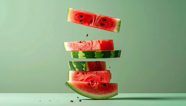 Five triangular watermelon slices on green background&mdash;four stacked, one airborne with seeds and juice in motion.