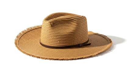Straw hat with brown band on white background, angled to the right.