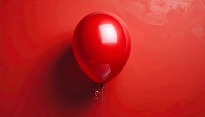 Single red balloon floating against a textured red wall with glossy reflections and soft shadows.