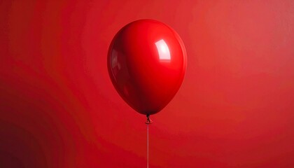Single red balloon floating against a textured red wall with glossy reflections and soft shadows.