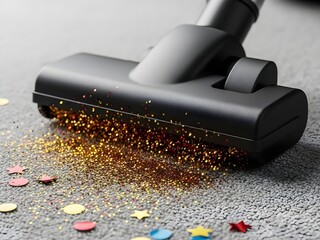 Vacuum cleaner removing glitter and confetti from a gray carpet.