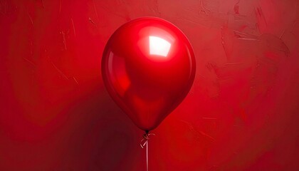 Single red balloon floating against a textured red wall with glossy reflections and soft shadows.