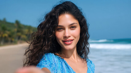 Young latin woman girl smiling on beach, female with curly hair in blue dress under bright sun near ocean shoreline, tropical palm background, natural beauty, joyful vibe, summer travel portrait