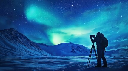 Fototapeta premium A photographer capturing the vibrant northern lights over a snowy mountain landscape during a cold winter night.