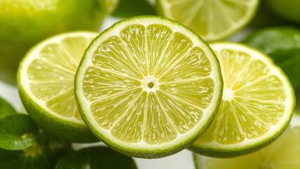 Close-Up of Fresh Citrus Slices with Vibrant Green Color and Juicy Pulp