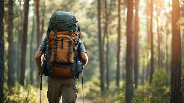 A backpacker trekking through dense forest with a large backpack and trekking poles, immersed in nature.
