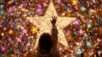 Reaching for Starlight: A person extends a hand towards a brilliant, illuminated star, surrounded by a captivating array of twinkling lights, creating a scene of wonder and aspiration.