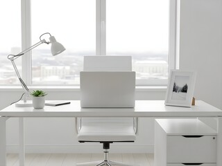 Minimalist white office workspace with laptop, succulent, and photo frame.