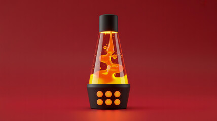 Retro lava lamp with orange blobs flowing in clear liquid against a red background vintage