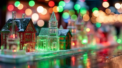 Obraz premium Illuminated Town Miniature: A charming miniature townscape comes alive with vibrant, festive lights, casting a warm glow upon quaint houses and buildings.