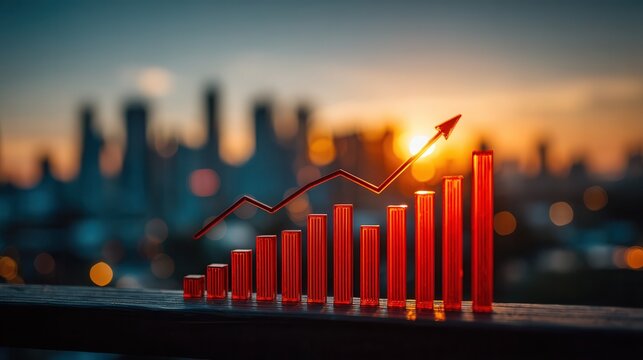 Stunning financial growth chart against vibrant sunset city skyline, perfect for illustrating success, investment, and upward trends in business and finance